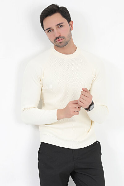 JB John Borners Ανδρικό πλεκτό πουλόβερ Slimfit - Ecru Micro Flament, ιταλικό μανίκι, λαιμόκοψη - 2010