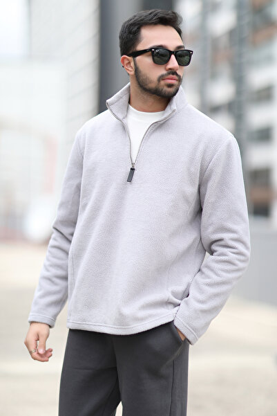 JB John Borners Men's Winter Fleece Sweatshirt Gray Half Zipper Stand Collar Throat - 6053