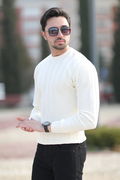 JB John Borners Men's Crew Neck Corded 100% Micro Flament Knitwear Ecru - 1006