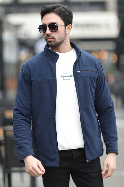JB John Borners Men's Full Zippered Pocket Detailed Stand Collar Fleece Navy Blue - 6054
