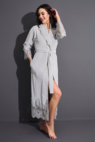 Nuşa Dantelli Şık Zarif Doğal Bambu Pamuk Sabahlık