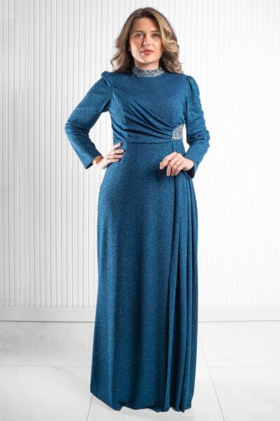 Modaviki Λεπτομέρειες Βραδινό φόρεμα με στάμπα με ασημί πέτρα petrol MDA2523