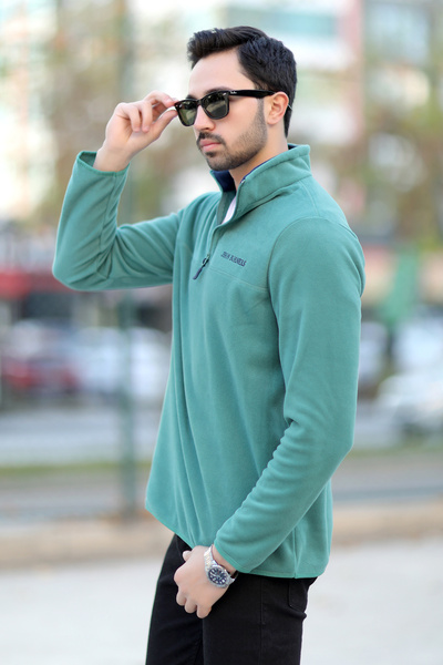 JB John Borners Ανδρικό ψηλός λαιμός Fleece ανοιχτό πράσινο με κέντημα με μισό φερμουάρ, λεπτομερής εφαρμογή - 6001