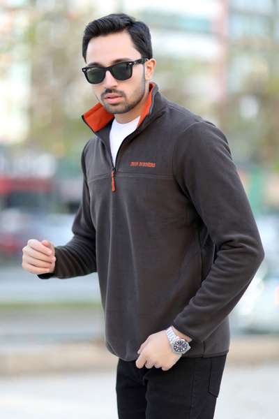 JB John Borners Men's Stand Collar Fleece Anthracite Half Zipper Embroidery Detailed Regularfit - 6001