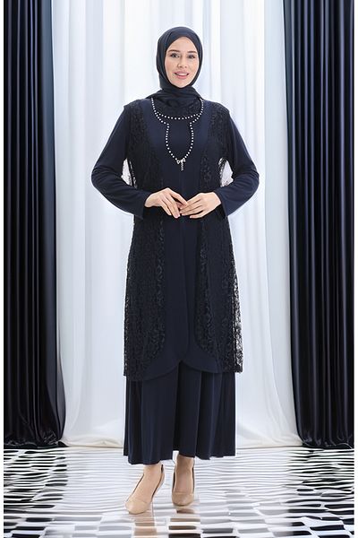 sefamerve Plus Size Lace Vest & Dress Double Set - 4123-02 Navy Blue