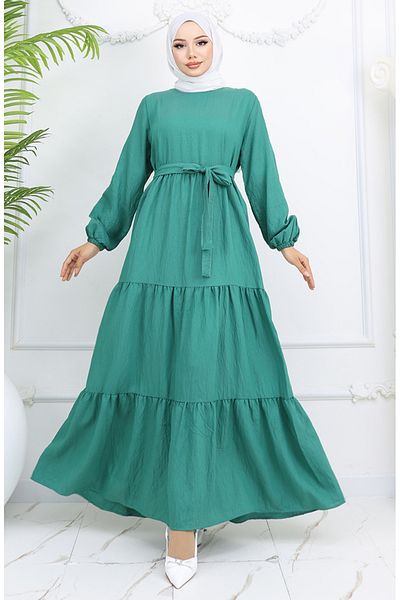 sefamerve Φόρεμα Sofia Linen Sleeve Elastic Belted 2023-04 Πράσινο