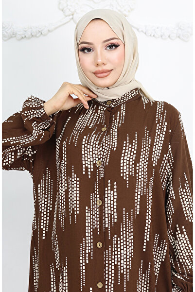 sefamerve Viskon Kumaş Boydan Düğmeli Elbise 0049-02 Kahverengi