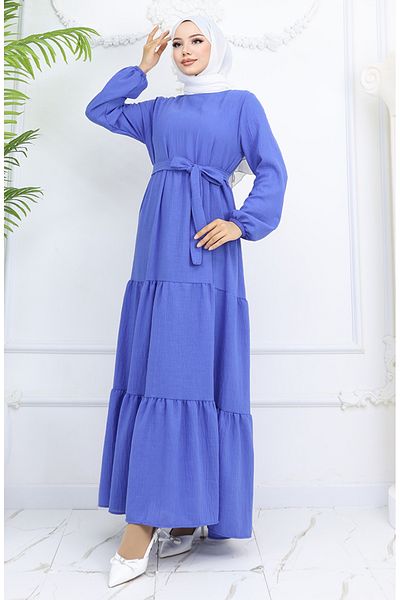 sefamerve Sofia Linen Sleeve, Φόρεμα με ελαστική ζώνη Indigo 2023-06