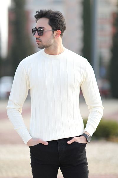 JB John Borners Men's Crew Neck Corded 100% Micro Flament Knitwear Ecru - 1006