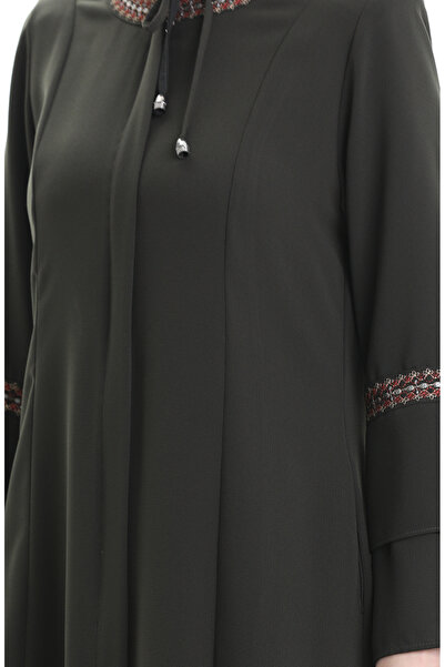 sefamerve Large Size Hidden Zipper Embroidered Ferace 6193-02 Khaki