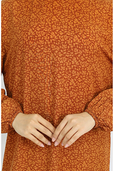 sefamerve Viskon Kumaş Kolu Lastikli Desenli Elbise 2015-02 Kahverengi