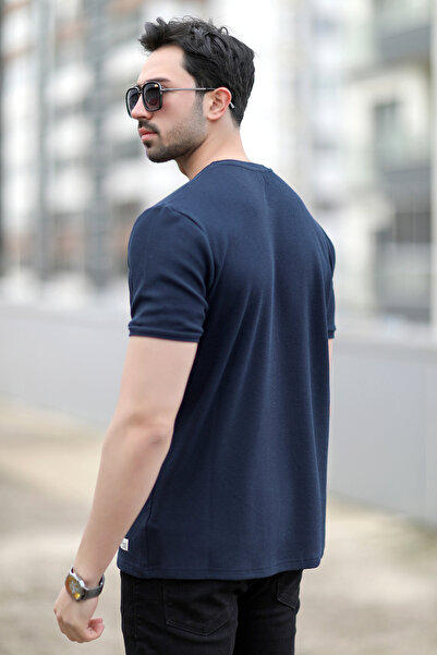 JB John Borners Ανδρικό μπλουζάκι με υφή βάφλα με λαιμόκοψη Navy Blue - 2709