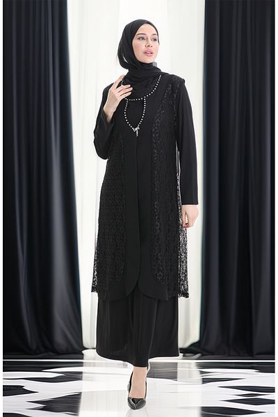 sefamerve Plus Size Lace Vest-Dress Suit Black 4123-01
