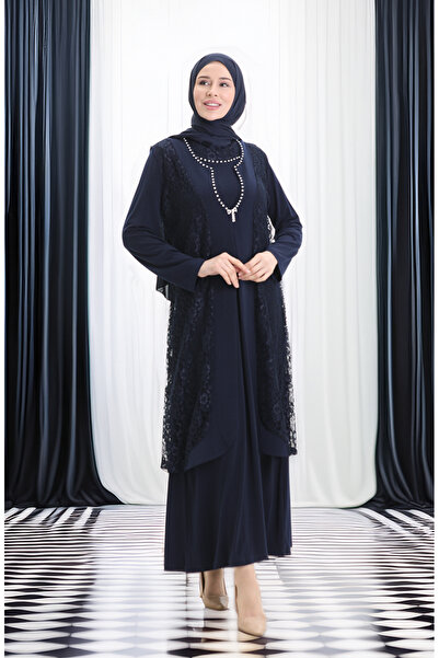 sefamerve Plus Size Lace Vest & Dress Double Set - 4123-02 Navy Blue