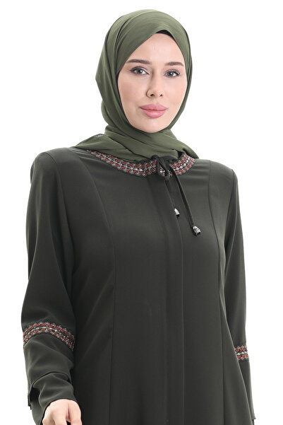 sefamerve Large Size Hidden Zipper Embroidered Ferace 6193-02 Khaki