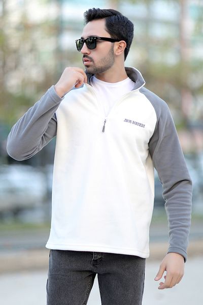 JB John Borners Men's Stand Collar Fleece White Gray Garnished Half Zipper Embroidered - 6055