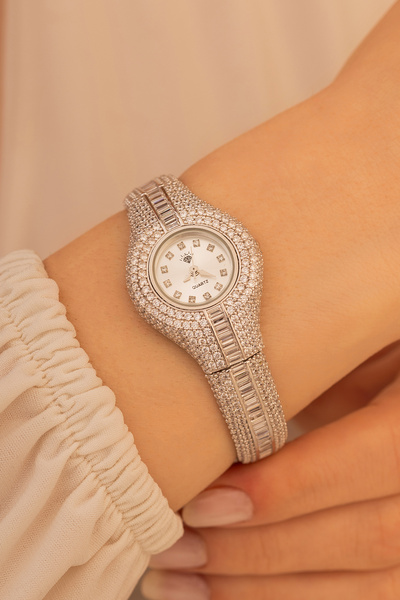 OSMANLI GÜMÜŞ Kadın Gümüş Saat - Gelin Saati - Düğün Saati - Zirkon Taşlı 925 Ayar Gümüş Kadın Saat