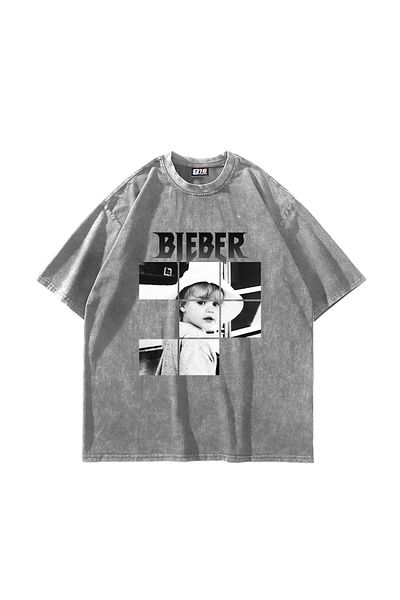 Sekizbiraltı Belieber Printed Oversize Unisex Πλενόμενο Λευκό Tshirt