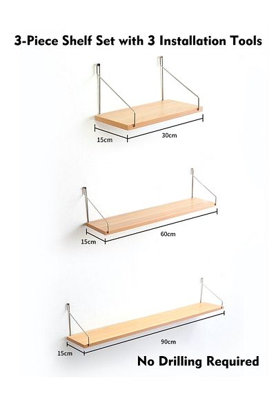 Old_Feller 3-Piece Wooden Floating Shelves with Metal Brackets - Wall Mounted Book Shelf