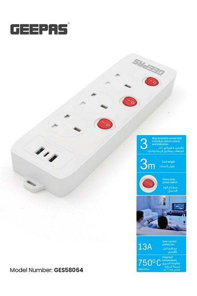 Geepas مقبس تمديد ثلاثي الاتجاهات مع مفاتيح فردية ومنافذ USB ثنائية الاتجاه