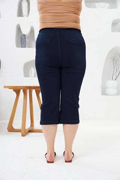 RMG Navy Blue Large Size Capri - Leg Button Detail and Elastic Waist