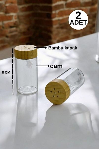 İLİVA 2 Li Bamboo Lid Glass Salt Shaker, Spice Shaker 8 cm