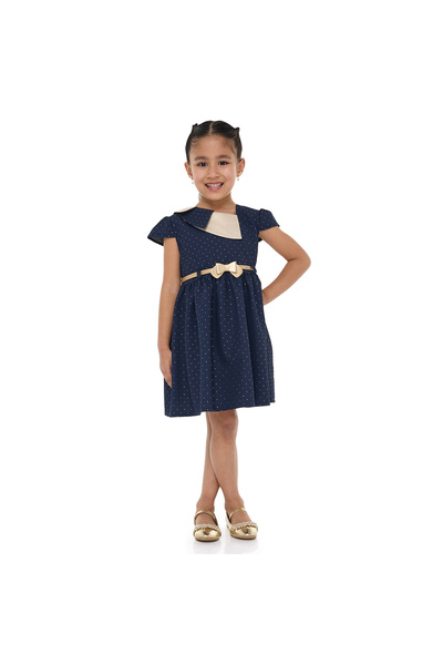 Victor and Jane Chic Blue/Gold Lapel Jacquard Dress