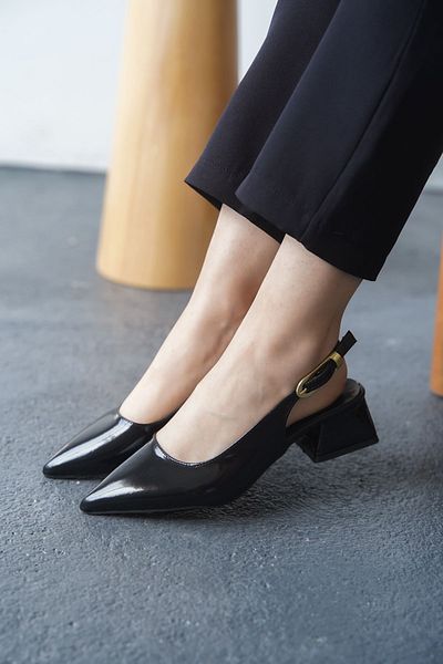 MODAADAM Pantofi cu toc mic Mely Buckle de damă - negru-brevet