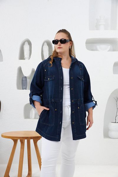 RMG Navy Blue Large Size Denim Jacket - Pocket Detailed