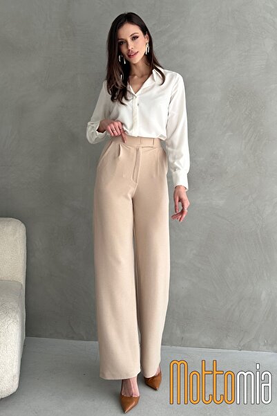 mottomia Γυναικείο παντελόνι Palazzo με κούμπωμα με ψηλόμεσο - Χρώμα, κομψό και άνετο κούρεμα