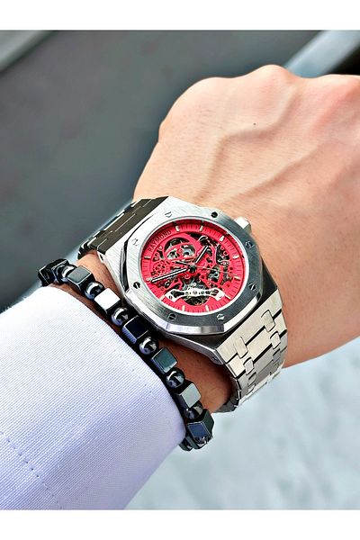 Raymond Silver Color Steel Cord Automatic Business Case Cord Steel Men Wristwatch + Bracelet
