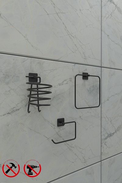 Alper Banyo Αυτοκόλλητο τετράγωνο σετ αξεσουάρ μπάνιου 3 τεμαχίων – Κρεμάστρα για πιστολάκι, θήκη για ρολό τουαλέτας και δαχτυλίδι για πετσέτες