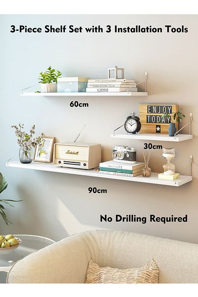 Old_Feller 3-Piece Wooden Floating Shelves with Metal Brackets - Wall Mounted Book Shelf