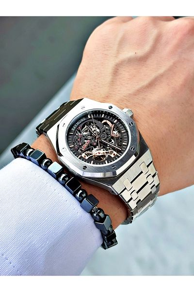 Raymond Silver Color Steel Cord Automatic Business Case Cord Steel Men Wristwatch + Bracelet