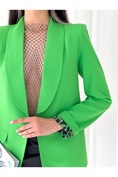 BARG FASHION Kadin Düğmesiz Cepli Leopar Astarlı Katlanabilir Kol Blazer Ceket