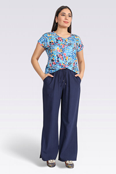 TOLGA SARAÇOĞLU 30270 Dark Blue Elastic Waist Comfortable Cut Wide Leg Pants
