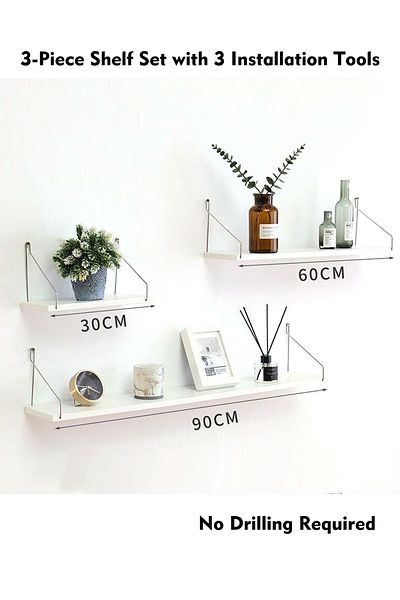 Old_Feller 3-Piece Wooden Floating Shelves with Metal Brackets - Wall Mounted Book Shelf