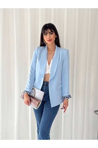 BARG FASHION Kadin Düğmesiz Cepli Leopar Astarlı Katlanabilir Kol Blazer Ceket