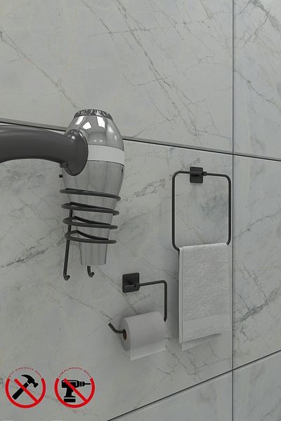 Alper Banyo Αυτοκόλλητο τετράγωνο σετ αξεσουάρ μπάνιου 3 τεμαχίων – Κρεμάστρα για πιστολάκι, θήκη για ρολό τουαλέτας και δαχτυλίδι για πετσέτες