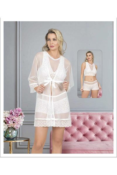 Miss Dünya Lissa Γυναικείο Δαντελένιο Σετ Σορτς με Μπουστάκι και Κάτω Μπλουζάκι