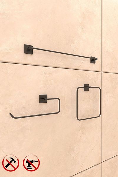 Alper Banyo Αυτοκόλλητο τετράγωνο σετ αξεσουάρ μπάνιου 3 τεμαχίων – Μακρύς γάντζος για πετσέτες, δαχτυλίδι και ανεξάρτητη θήκη για πετσέτες