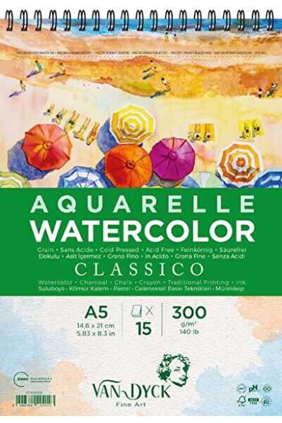 Van Dyck Classico Dokulu Coldpres A5 Üst Spiralli 15 Yaprak Suluboya Blok