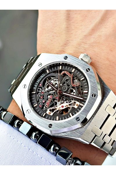 Raymond Silver Color Steel Cord Automatic Business Case Cord Steel Men Wristwatch + Bracelet