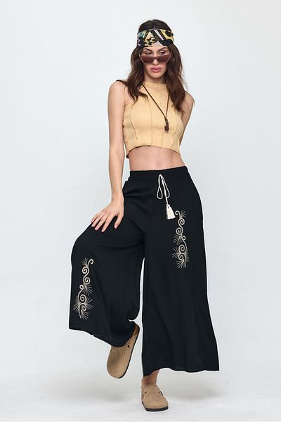 Güler Casual Ethnic Embroidered Loose Cut Black Trousers