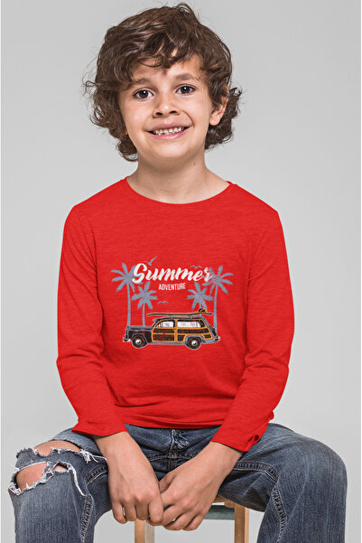 Bubuga Erkek Çocuk Kırmızı Yazlık Tshirt - Araba ve Palmiye Desenli, Uzun Kollu