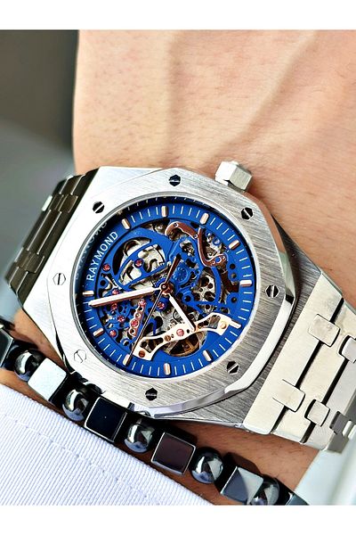 Raymond Silver Color Steel Cord Automatic Business Case Cord Steel Men Wristwatch + Bracelet