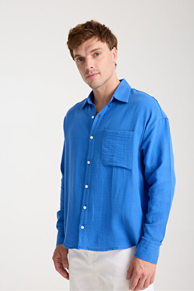 BİYOGRAF Erkek %100 Pamuk Keten Dokulu Müslin Kumaş Cepli Uzun Kollu Oversize Gömlek