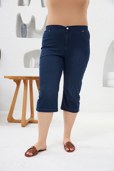 RMG Plus Size Blue Capri - Leg Button Detail and Elastic Waist