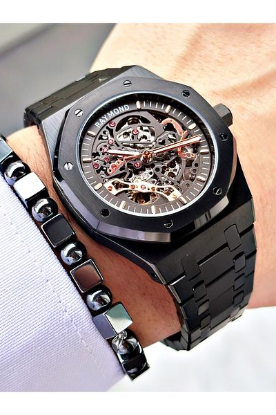 Raymond Black Color Steel Cord Automatic Business Case Cord Steel Men Wristwatch + Bracelet