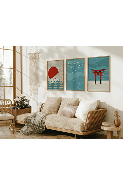 ARTCASTLE Set de 3 tablouri cu ramă din lemn, albastru